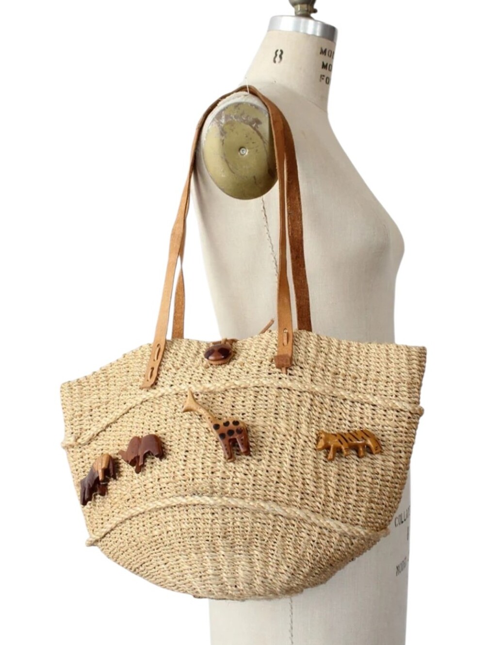 Vintage Toni Artisan Made Noah's Ark Safari Wood Bead Sisal Woven Market Tote